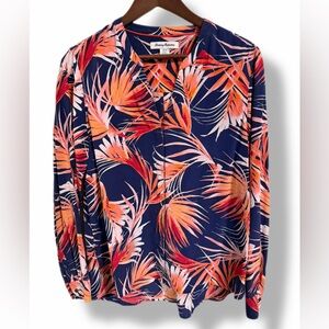 Tommy Bahama 100% Silk Tropical Palm Print Blouse Navy Orange Size S
